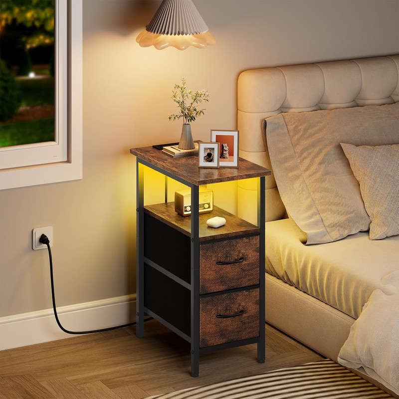 2-Pack Rustic Brown Nightstands with Charging Station & LED Lights gallery