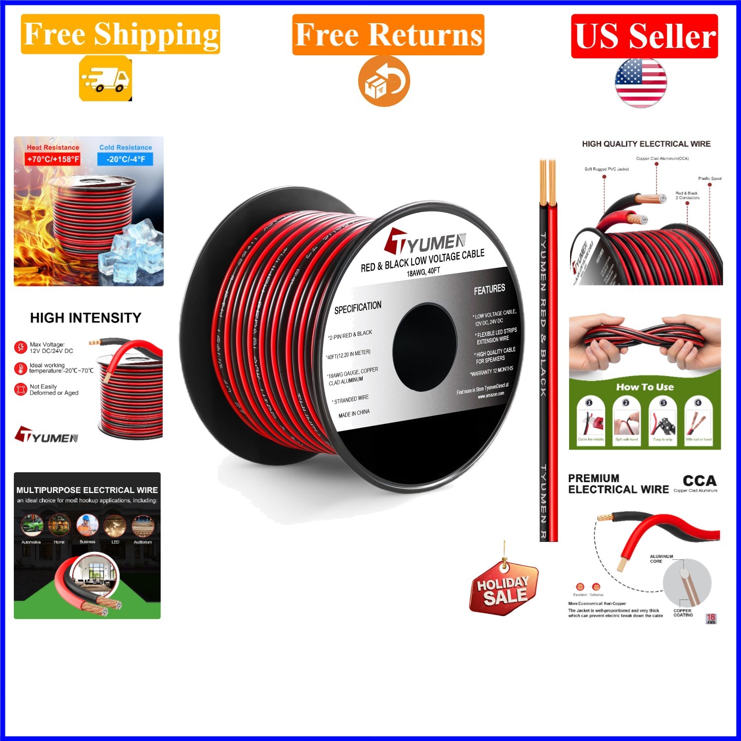 40FT 18AWG Red & Black LED Strip Extension Cable 12V/24V DC gallery