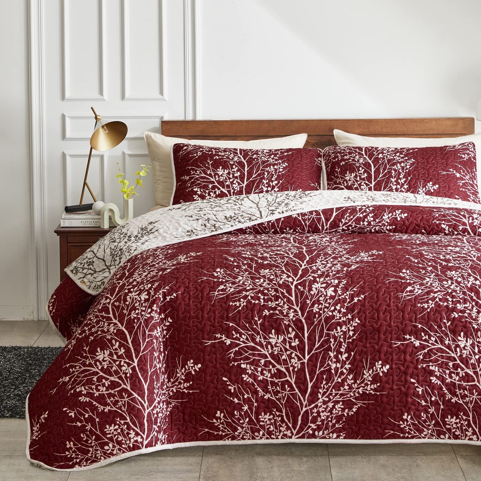 3 Pieces Quilt Set Burgundy Red Branch King Size 102x88 Soft Microfiber Light... gallery
