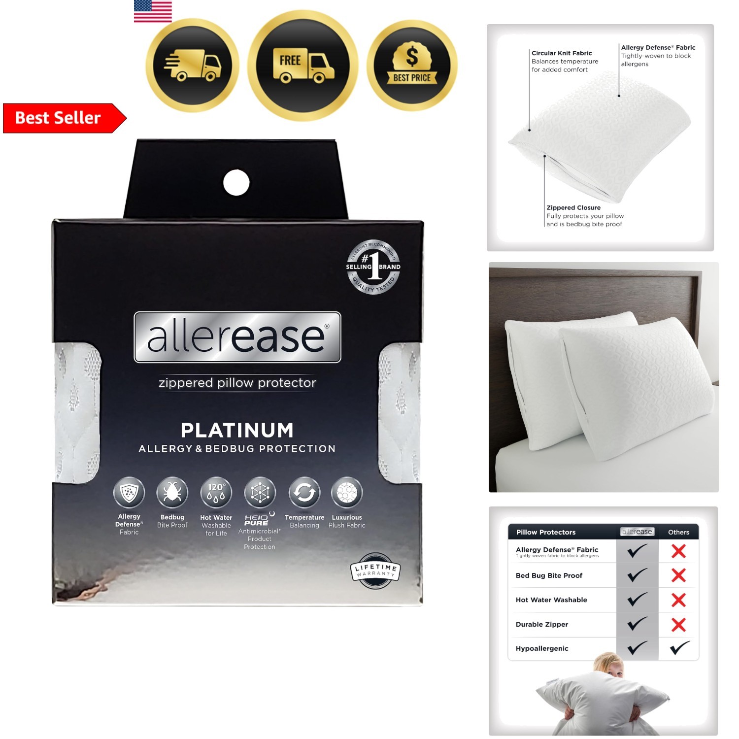 Allergy Bed Pillow Protector Queen Size Breathable Dust Mite Bedbug Proof gallery