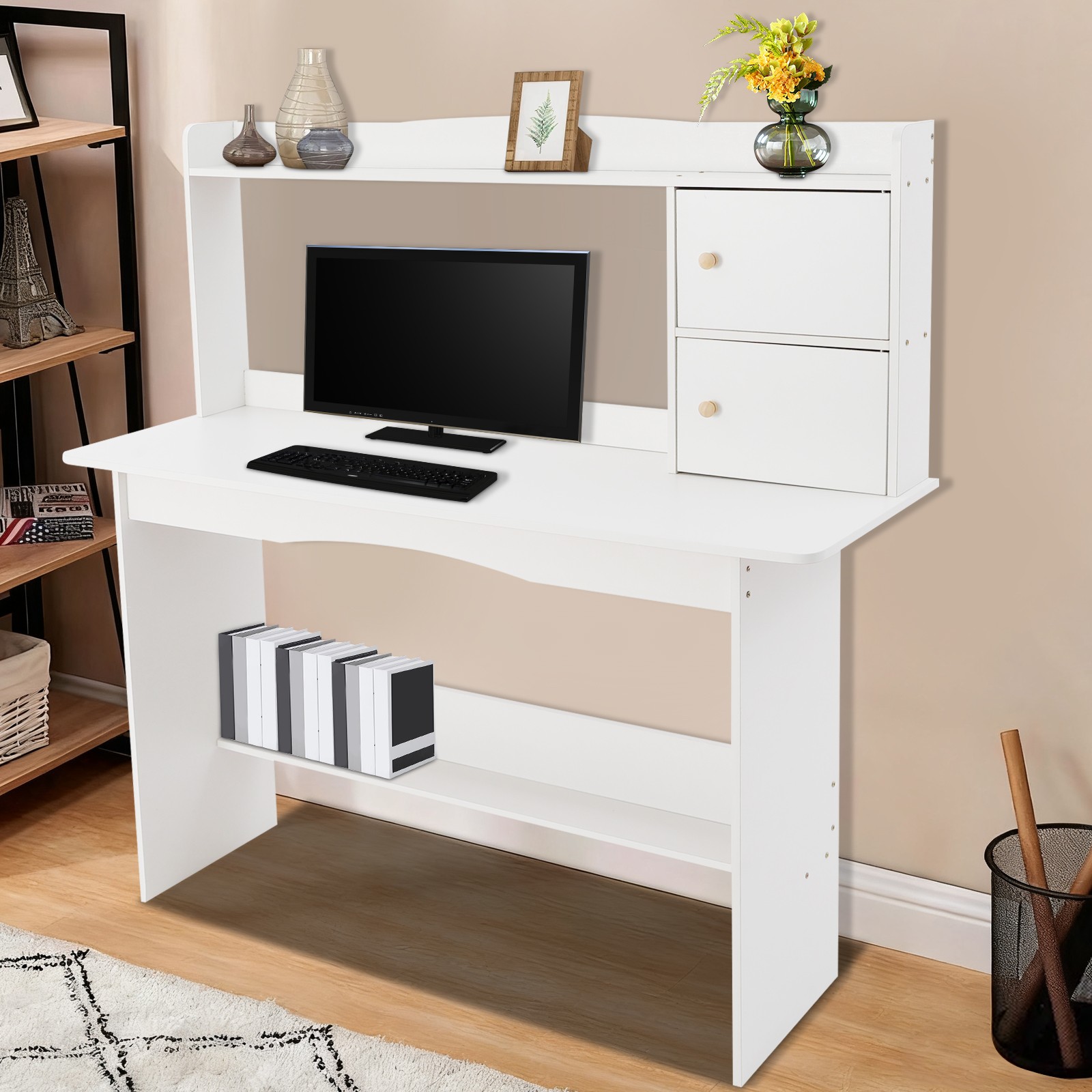 White Computer Desk with 2-tier Shelves, Writing Study Desk for Home Office gallery