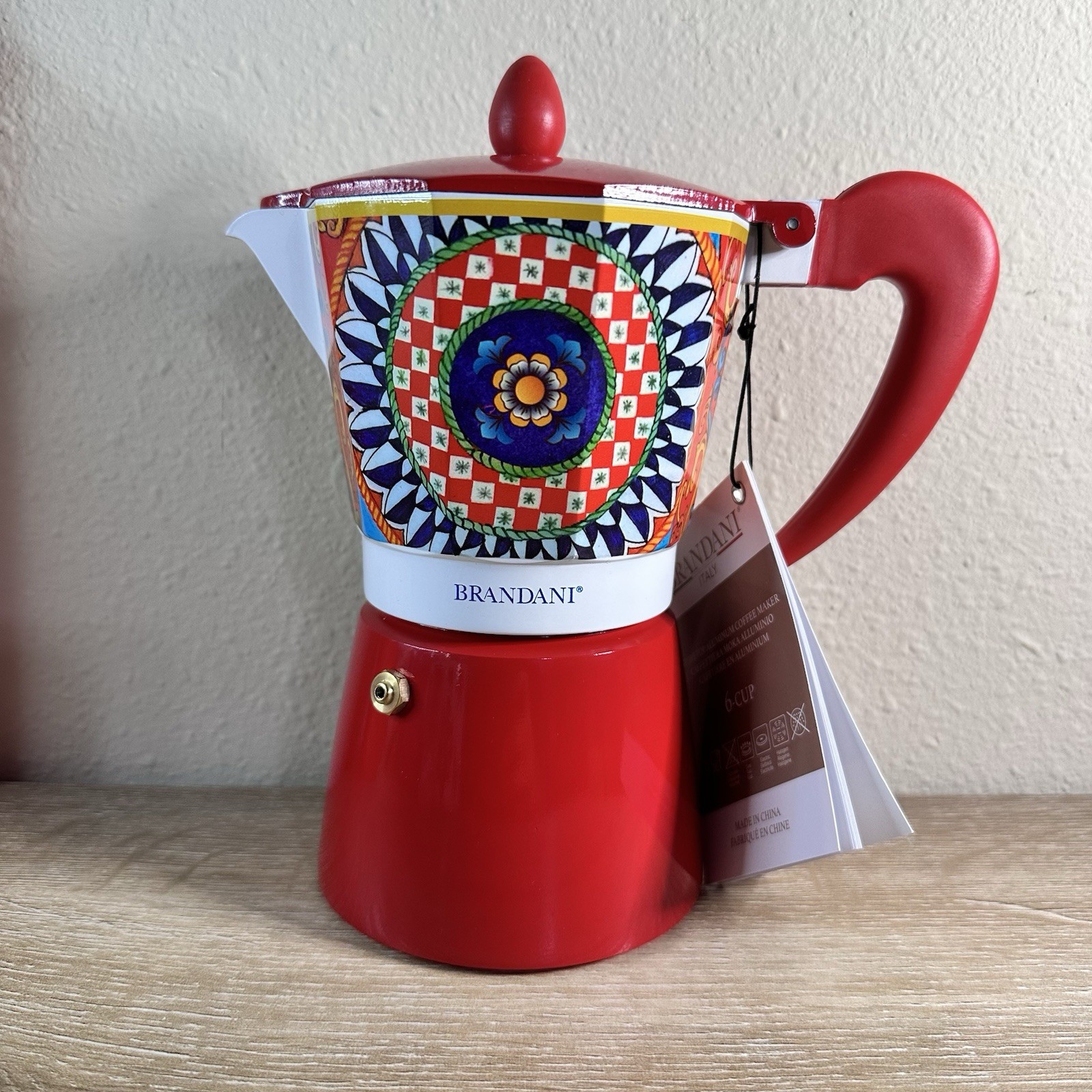 NEW Brandani 6 CUP Italian Coffee Maker MOKA POT Aluminum SICILIAN PATTERN NWT gallery
