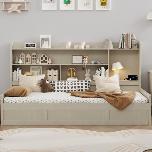 Twin Size Daybed with Storage Bookcases Underneath Storage Wood Sofa Bed Frames gallery