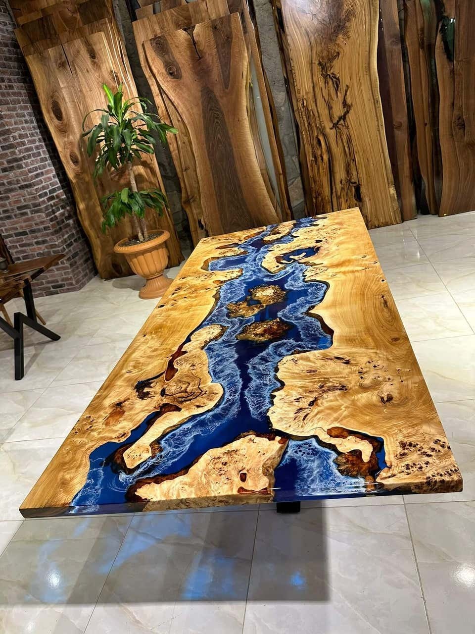 Live Edge Walnut Epoxy River Tabletop | Handmade Solid Wood | Blue Resin High gallery