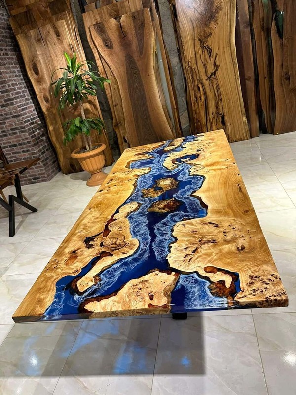 Live Edge Walnut Epoxy River Tabletop | Handmade Solid Wood | Blue Resin High gallery