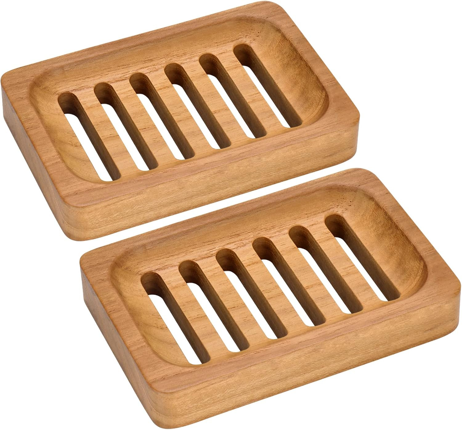 Teak Wood Soap Dish, 2 Pack Waterproof Self Draining Soap Dish - Natural Wooden gallery