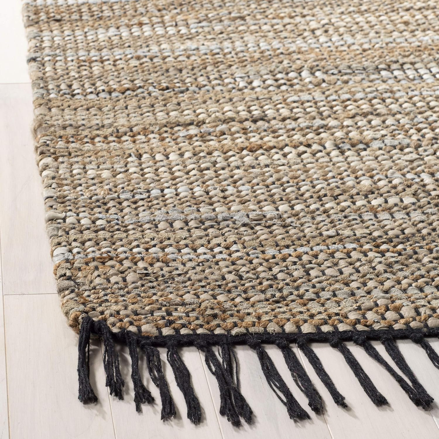 Handmade Boho Fringe Leather & Jute Area Rug 6' x 9' - Beige Vintage Charm gallery