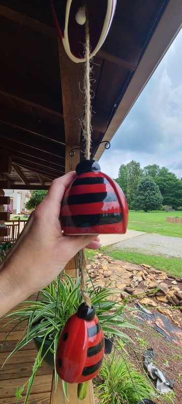 Ceramic Ladybug Wind Chime Red & Black Polka Dots & Stripes Jute String gallery