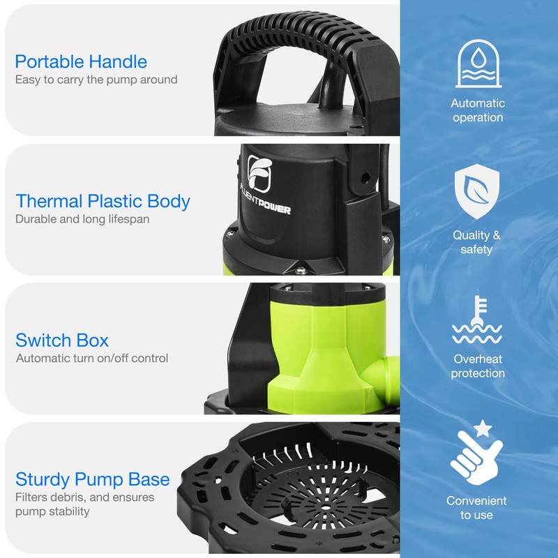 FLUENTPOWER Automatic Pool Cover Pump, 3/4 HP 3300GPH Submersible Water Pump gallery