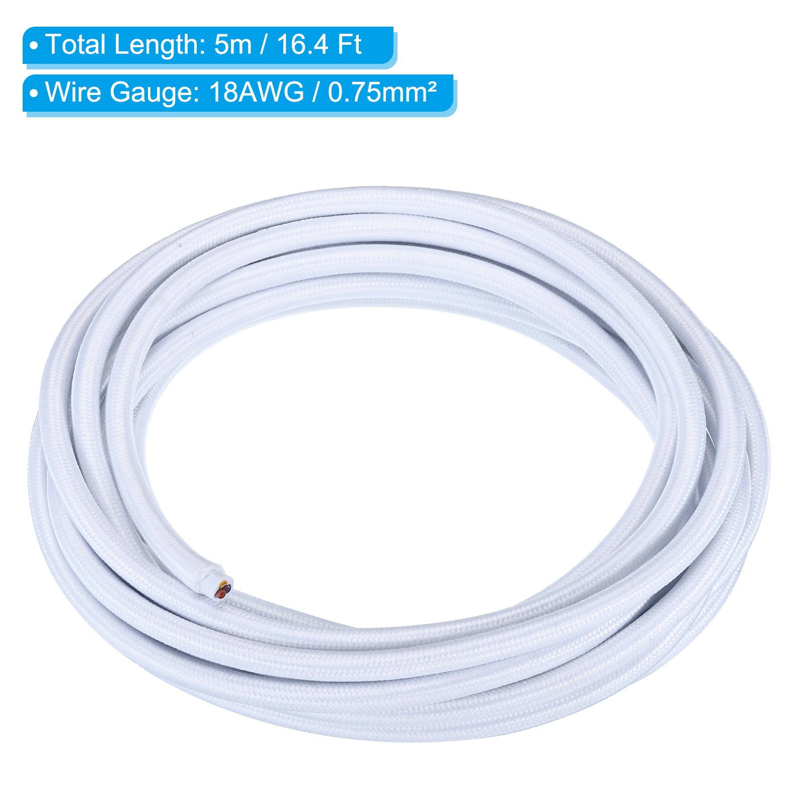 16.4ft 18AWG 3 Core Fabric Cloth Covered Round Wire, White gallery