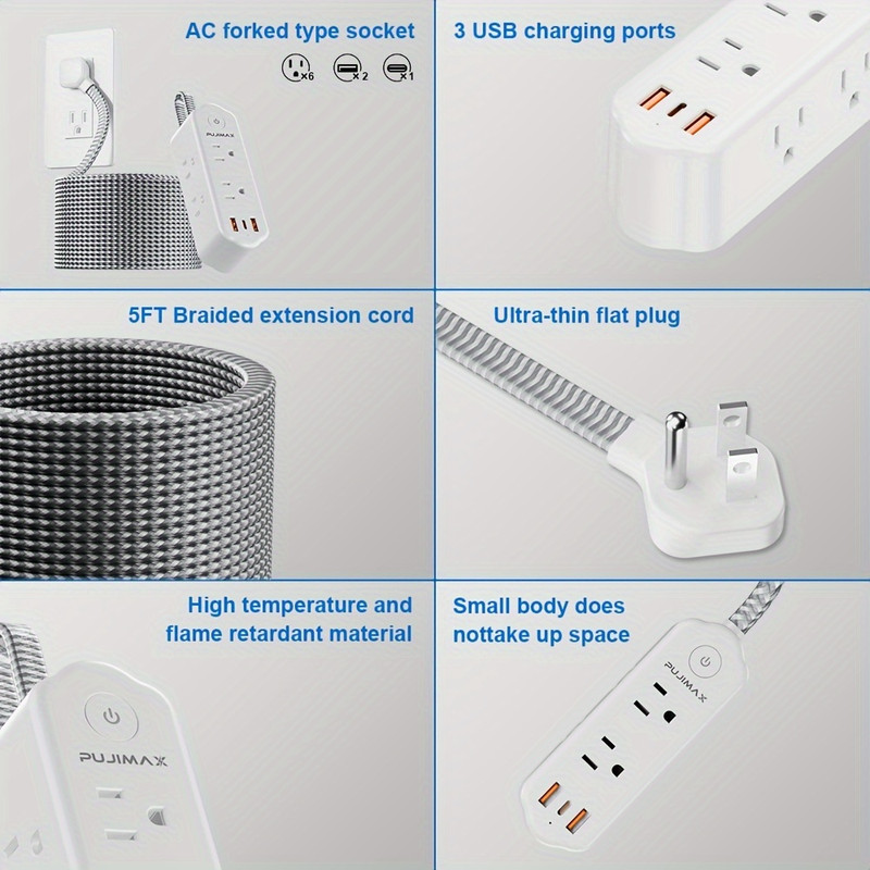 Flat Plug Power Board With 6 Sockets Long Extension Line USB Port Surge Protect gallery