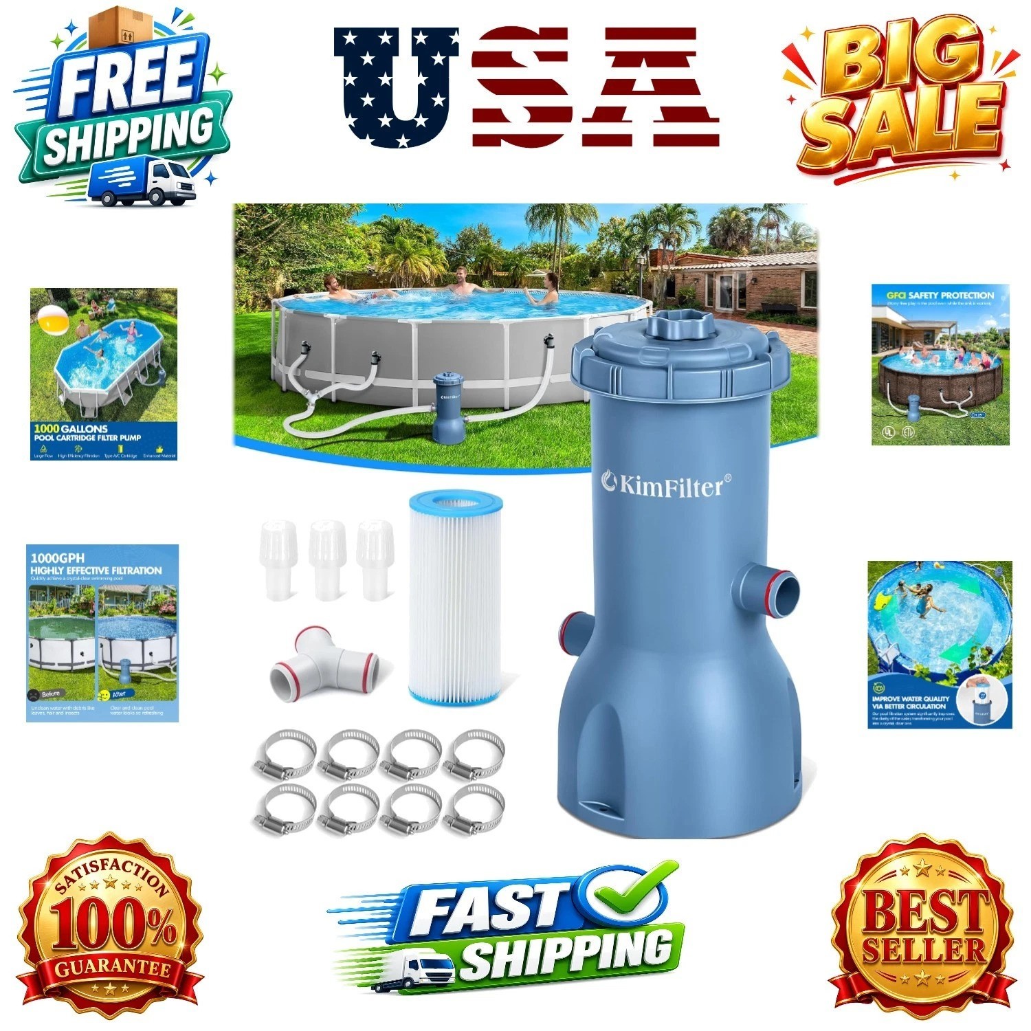 Pro Series 1000 GPH Above Ground Pool Filter Pump, Powerful Pool Cartridge Fi... gallery