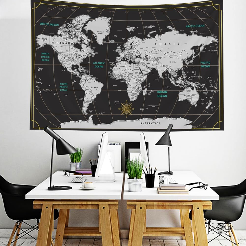 CAPSCEOLL World Map Tapestry Wall Hanging Black 40L x 30W, White 2 gallery