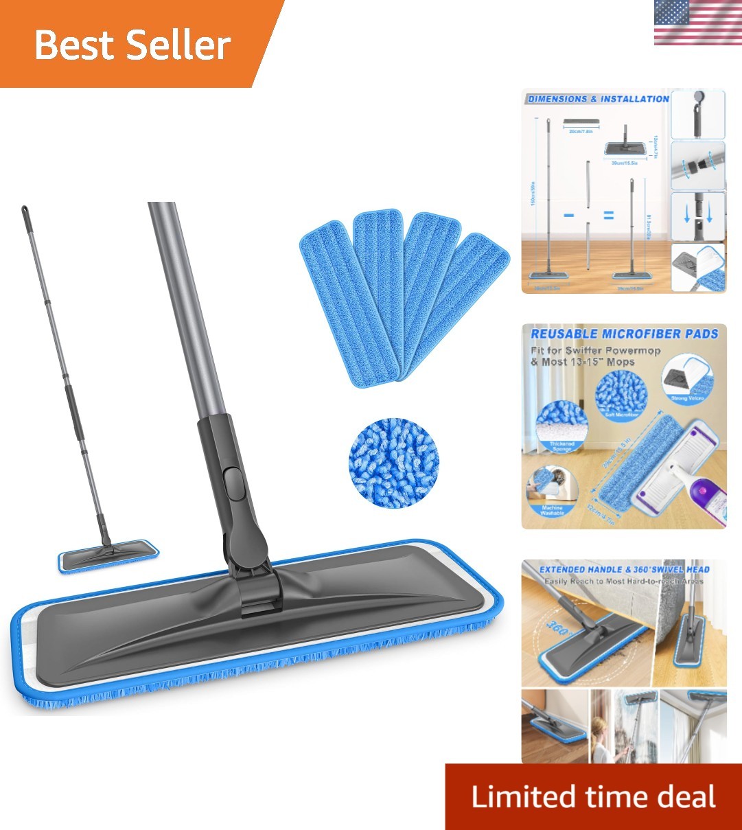 Multi-Purpose Microfiber Mop with Spin Head & Washable Pads - Great for Homes gallery