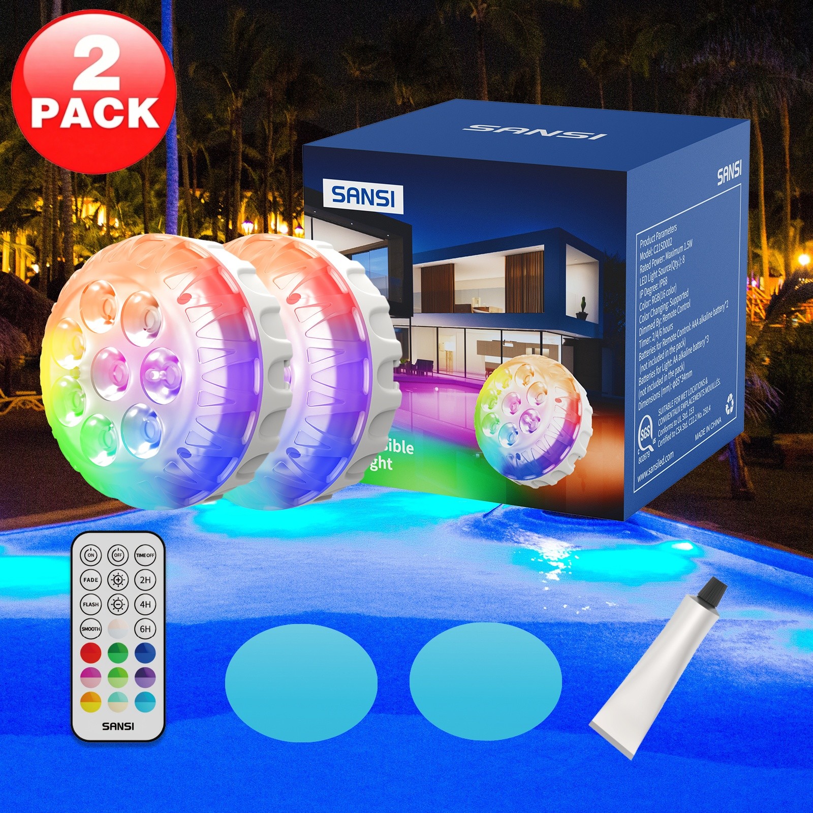 2 PACK RGB LED Pool Lights Underwater IP68 Waterproof Remote for Inground Pool gallery