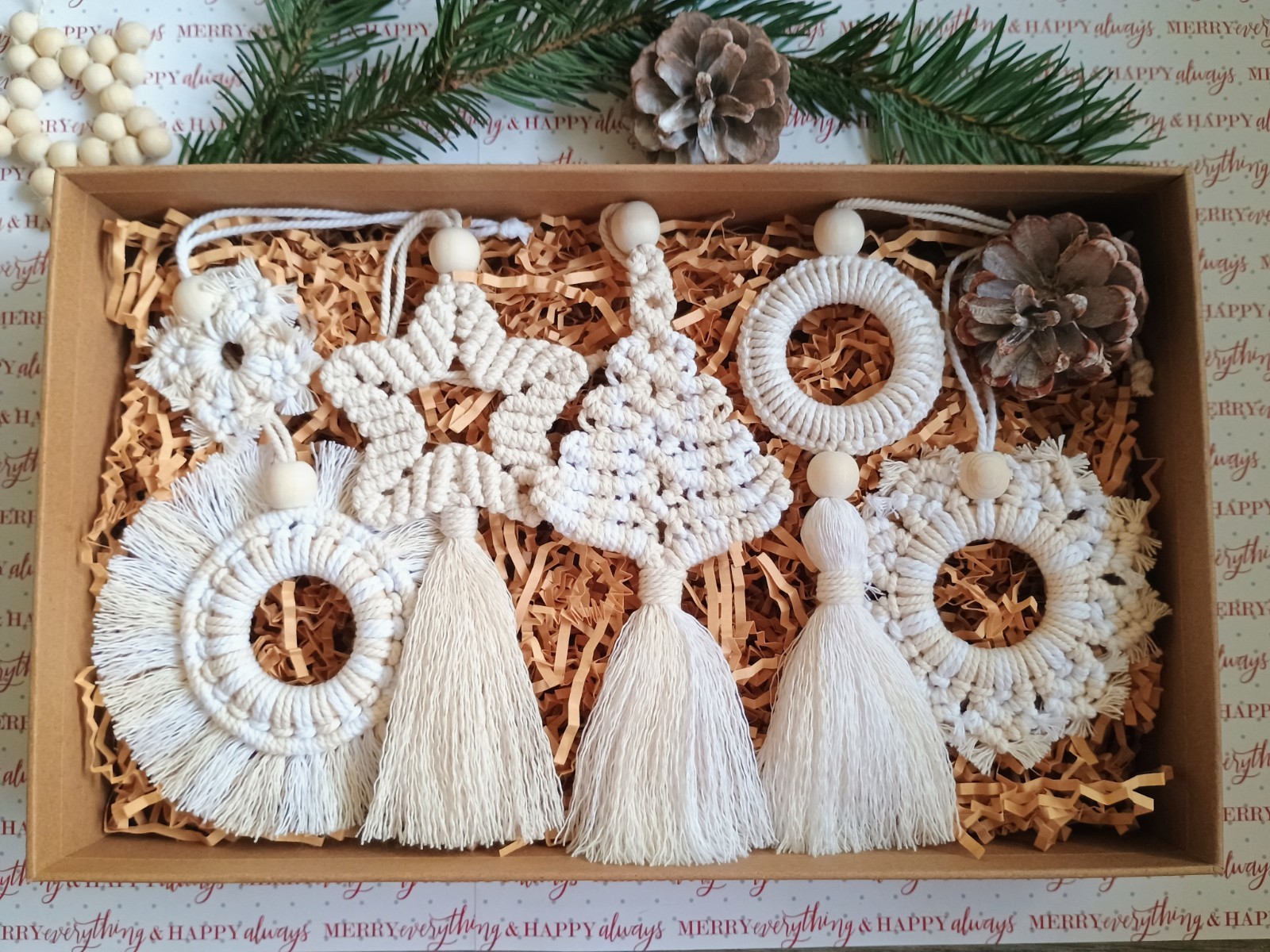 Handmade Macrame Ornaments Set of 6 - Boho Holiday Decor - Gift Box gallery
