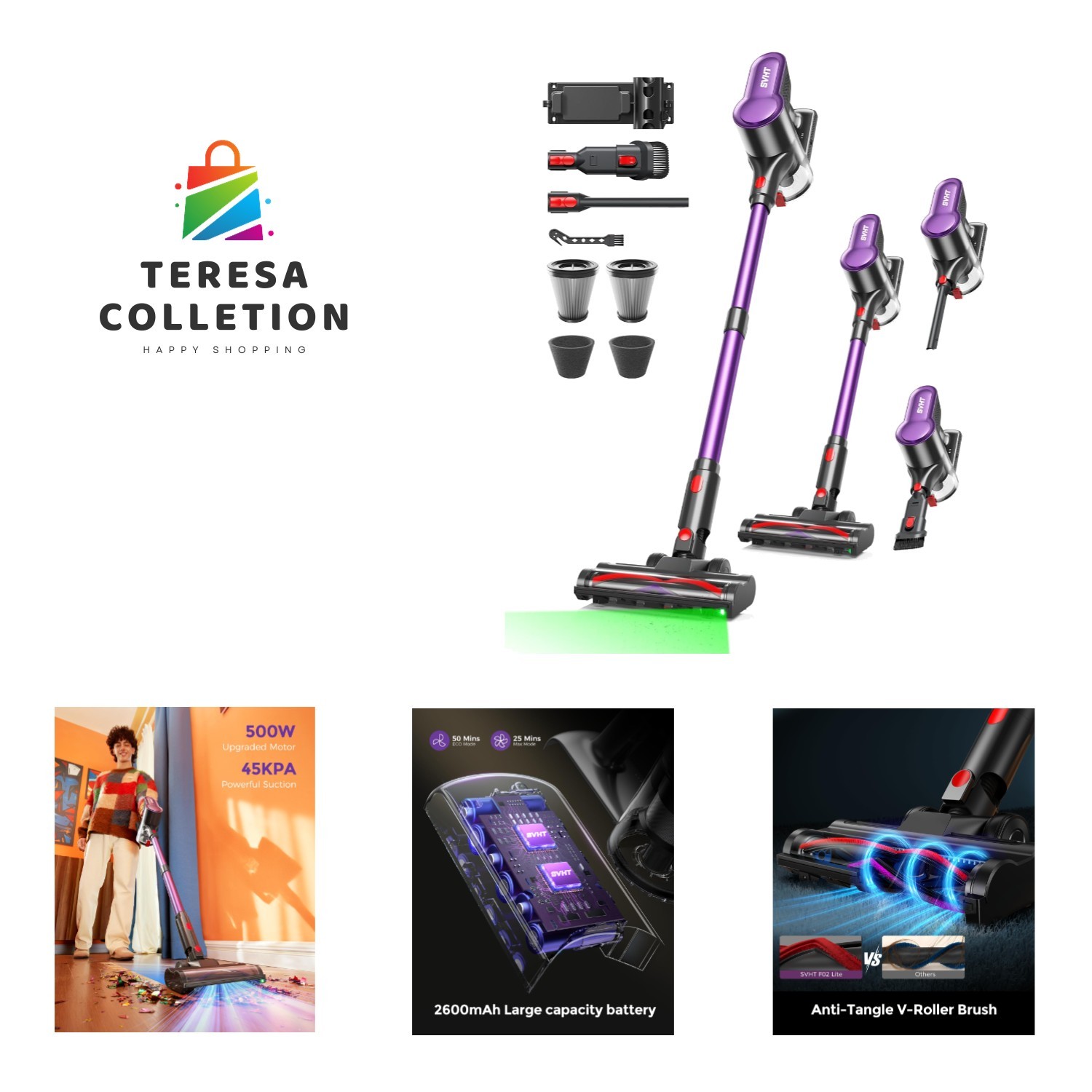 Cordless Vacuum Cleaner - 500W Powerful 45KPa Suction w/ LED Light & Anti-Tangle gallery