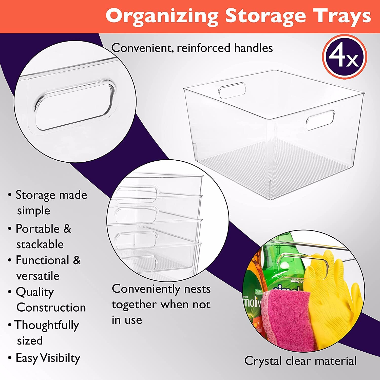 New - 4 Pack XLarge Plastic Storage Organizer Container Bins with Cutout Handles gallery