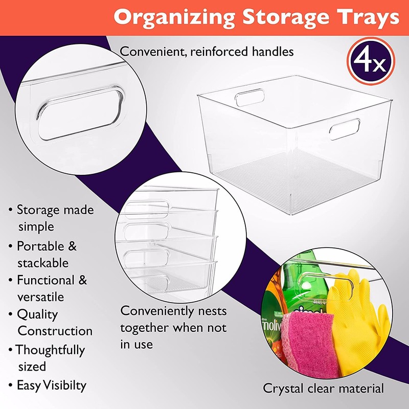New - 4 Pack XLarge Plastic Storage Organizer Container Bins with Cutout Handles gallery