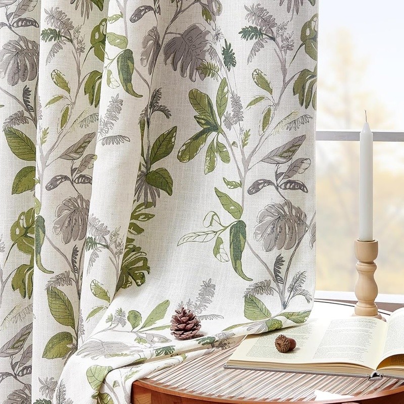 Leaf Pattern Blackout Curtains Linen Blend Room Darkening Drapes Easy Care New gallery