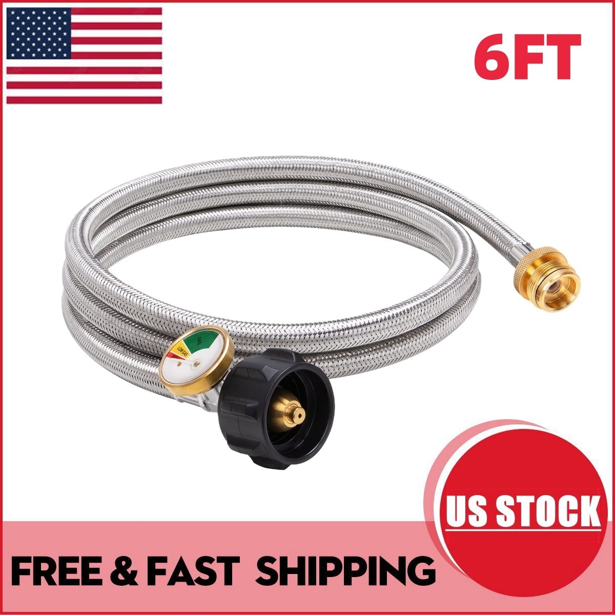 6FT Braided Propane Hose Adapter with Gauge 1lb to 5-20lb Tank gallery
