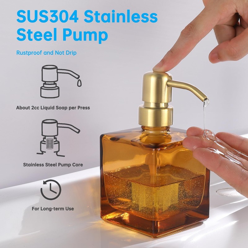 Square Bathroom Soap Dispenser Amber Bottle with Brushed Gold Pump, Retangle ... gallery