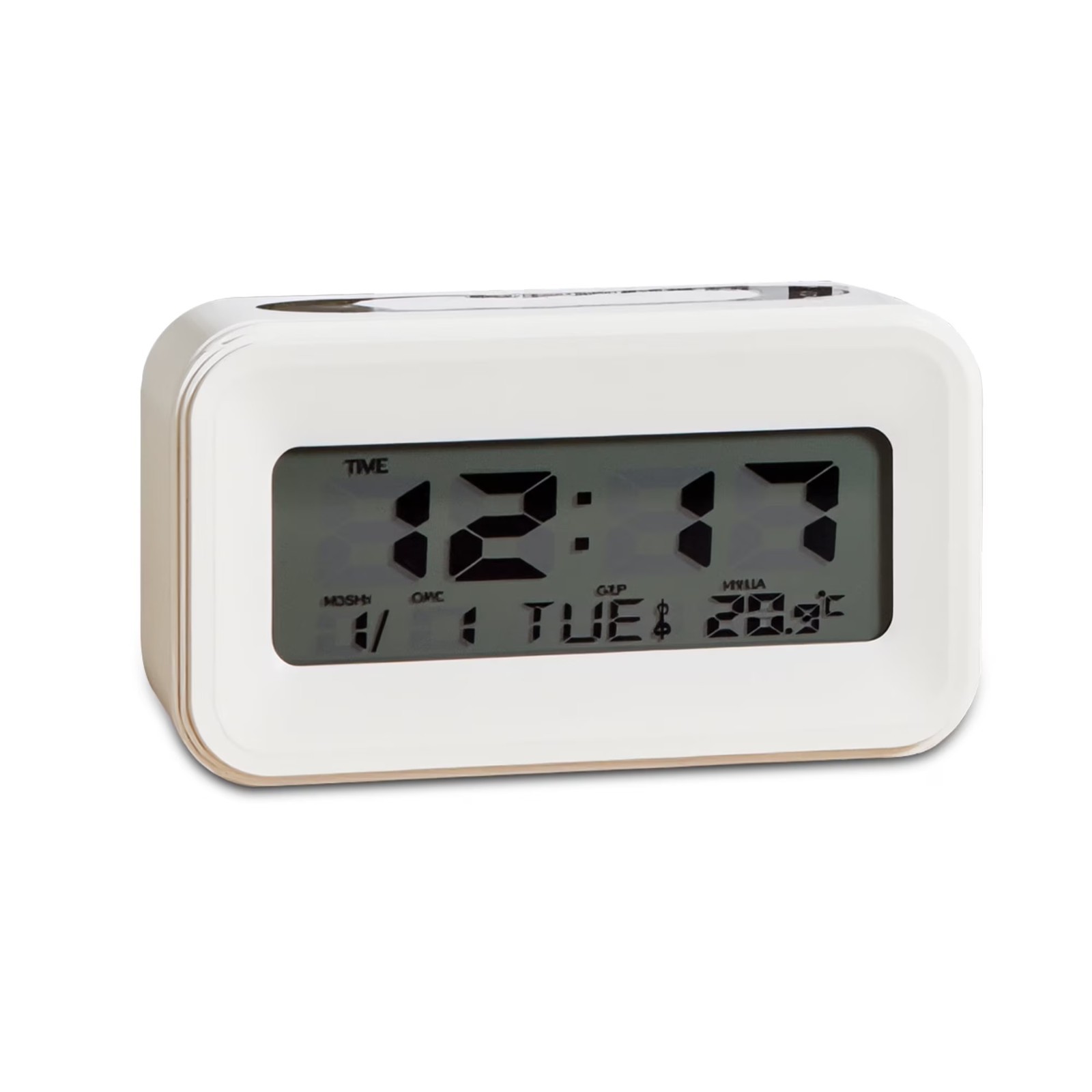White Digital Alarm Clock with Temperature Date Weekday Display Battery Operate gallery