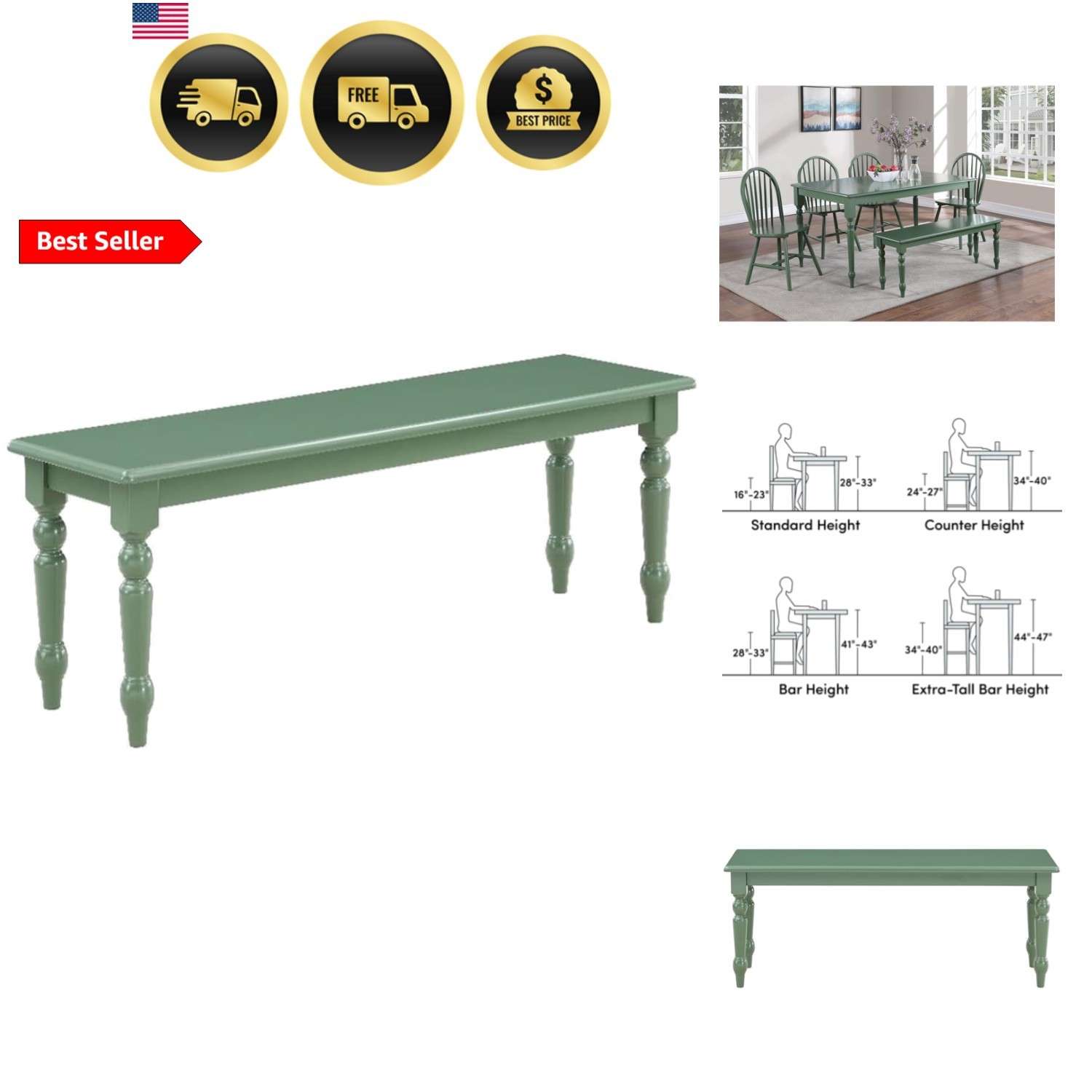 Windsor Backless Dining Bench - Equistian Green gallery