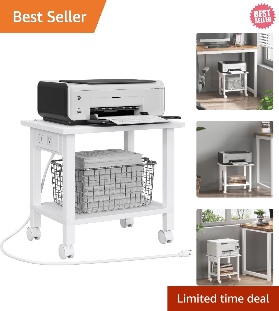 Mobile Printer Cart with Power Outlets & Locking Wheels - Modern White Design gallery