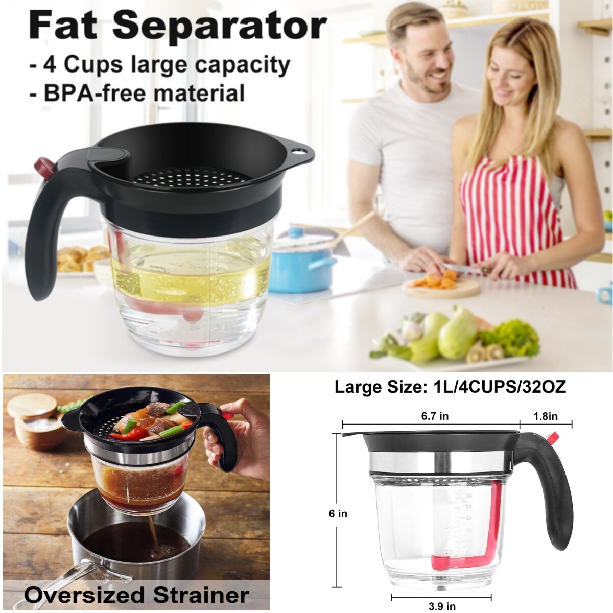 4-Cup Gravy Fat Separator With Bottom Release & Strainer 1L Grease Separator USA gallery