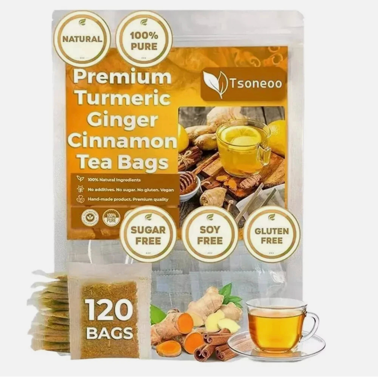 120 Premium Turmeric Ginger Cinnamon Tea Bags, 100% Natural &No Additive Support gallery