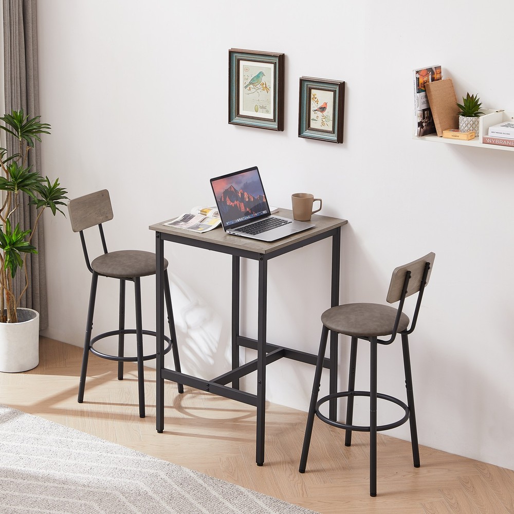 Bar Table Set with 2 Bar Stools PU Soft Seat with Backrest - Rustic Grey