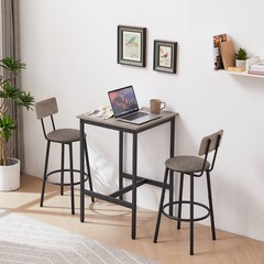 Bar Table Set with 2 Bar Stools PU Soft Seat with Backrest – Rustic Grey