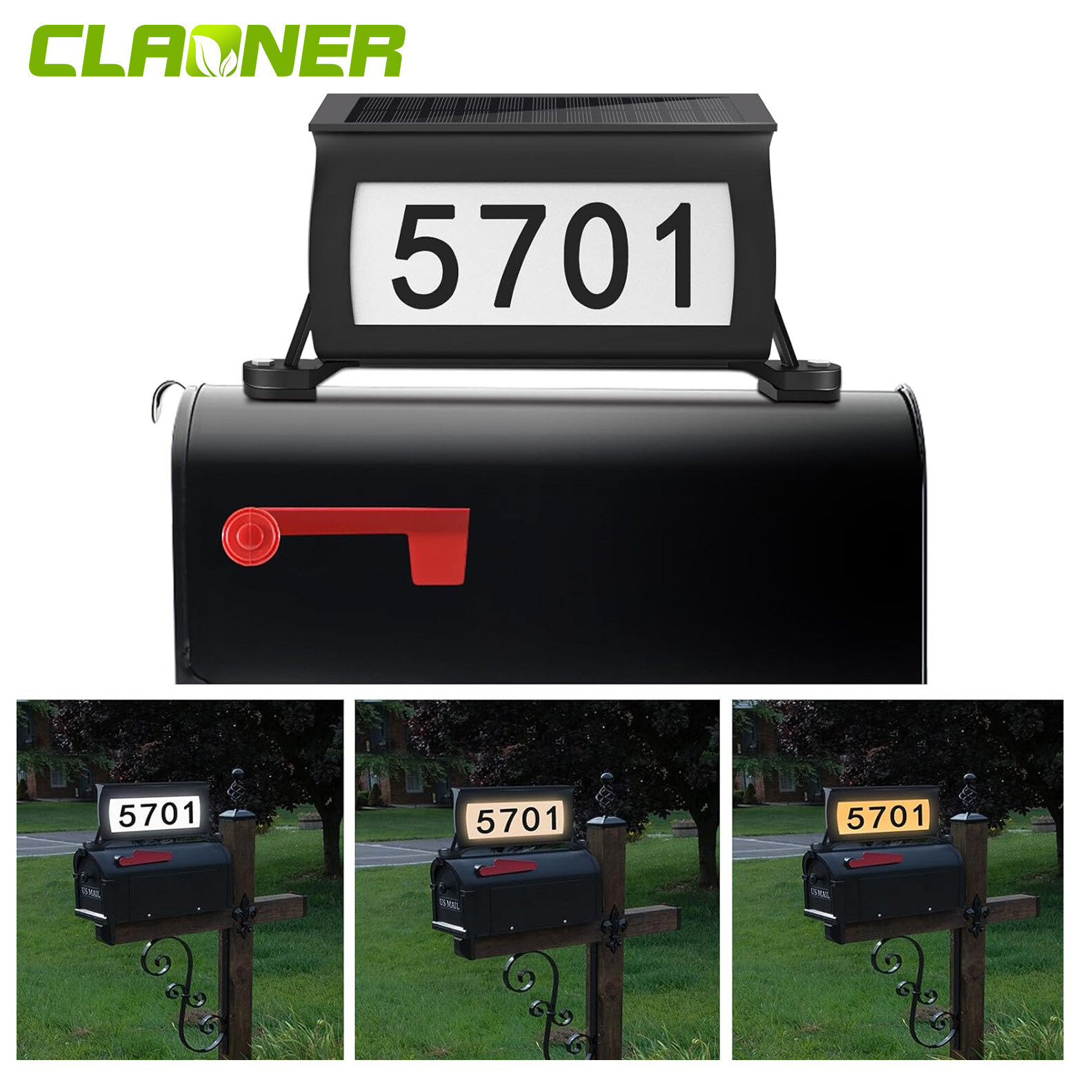 CLAONER Solar Address Sign Mailbox House Number Plaque Double Side 3 Light Color gallery