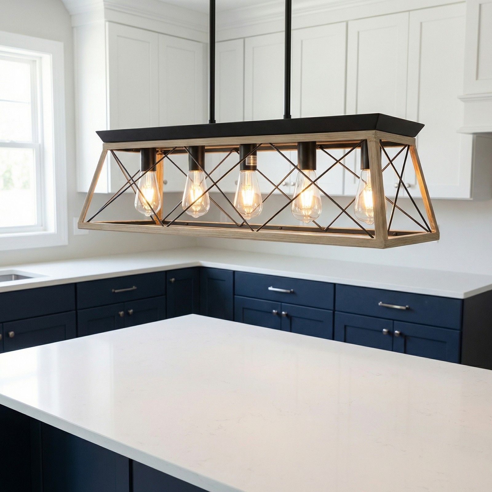 32'' Oak Pendant 5 Light Rustic Farmhouse Chandelier Living Room Metal Fixture gallery