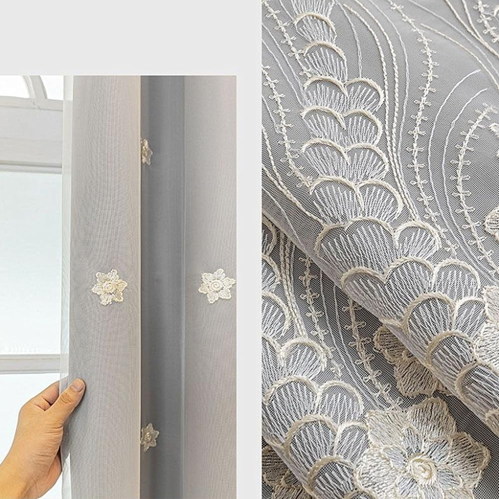 Luxury Floral Embroidered Double Layer Curtains for Girls Room - Grey 54x90 Inch gallery