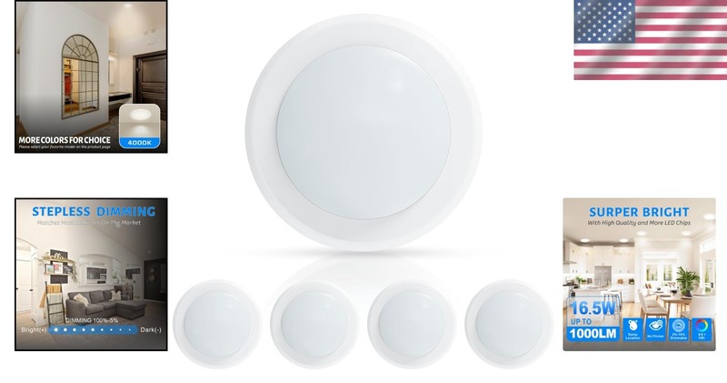High Efficiency 6" LED Ceiling Light – 1000Lm Dimmable Flush Mount - 4 Pack gallery