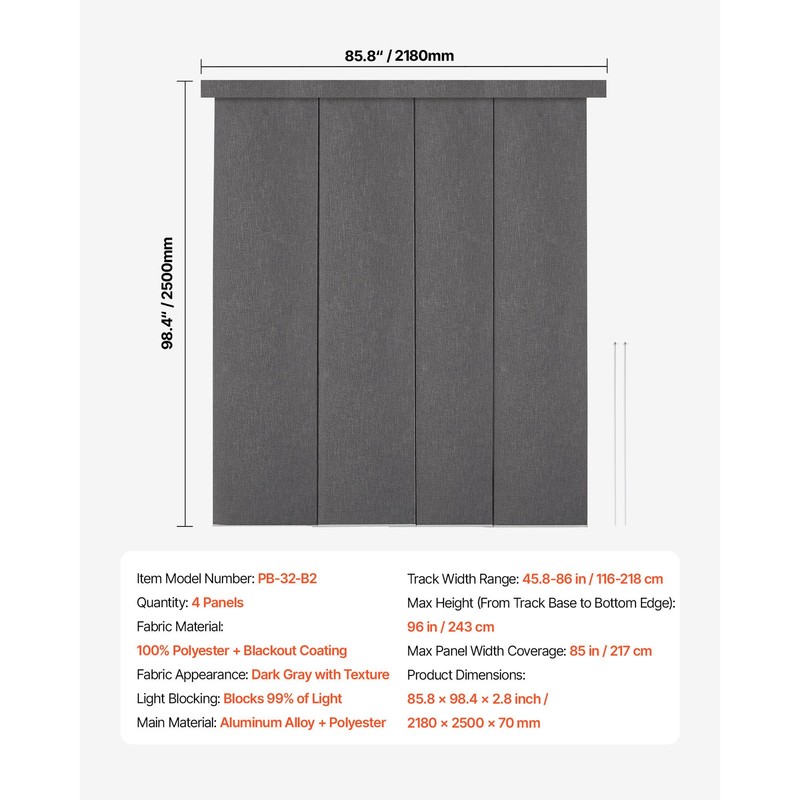 Panel Track Blinds Extendable Track from 45.8 in to 86 in W Trimmable Dark Gray gallery
