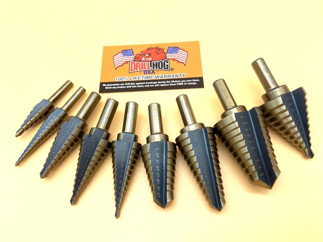 9 Pc Step Bit Set Molybdenum M7 Step Bit UNIBIT Drill Hog® Lifetime Warranty gallery