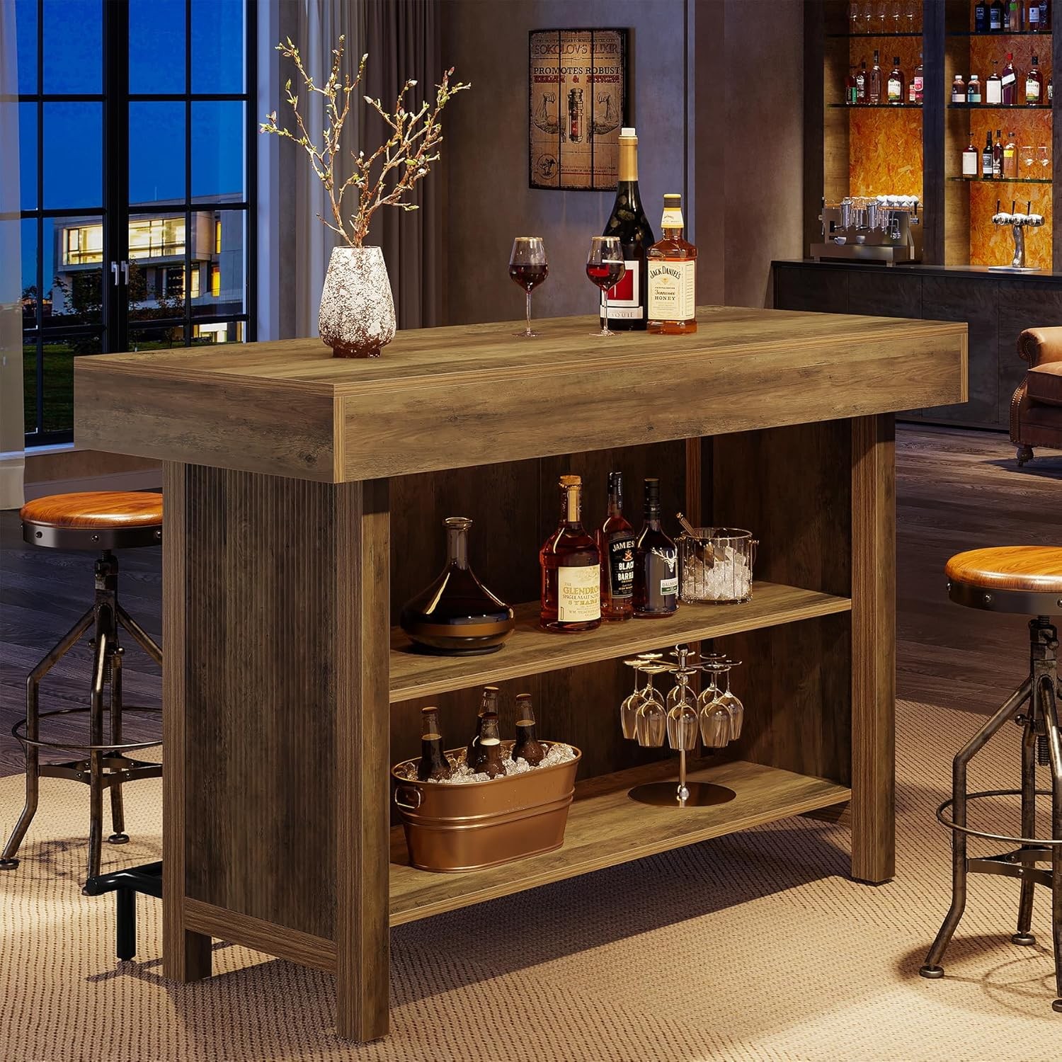 57.48-Inch Bar Table Industrial Rectangular Home Bar Unit with Metal Footrest gallery