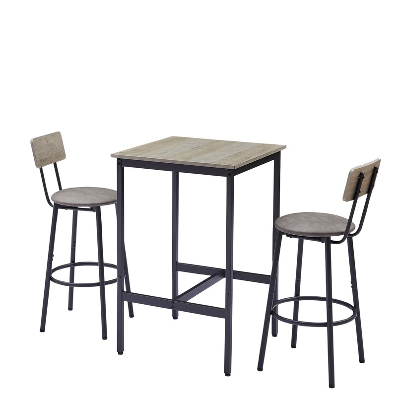 Bar Table Set with 2 Bar Stools PU Soft Seat with Backrest - Rustic Grey gallery