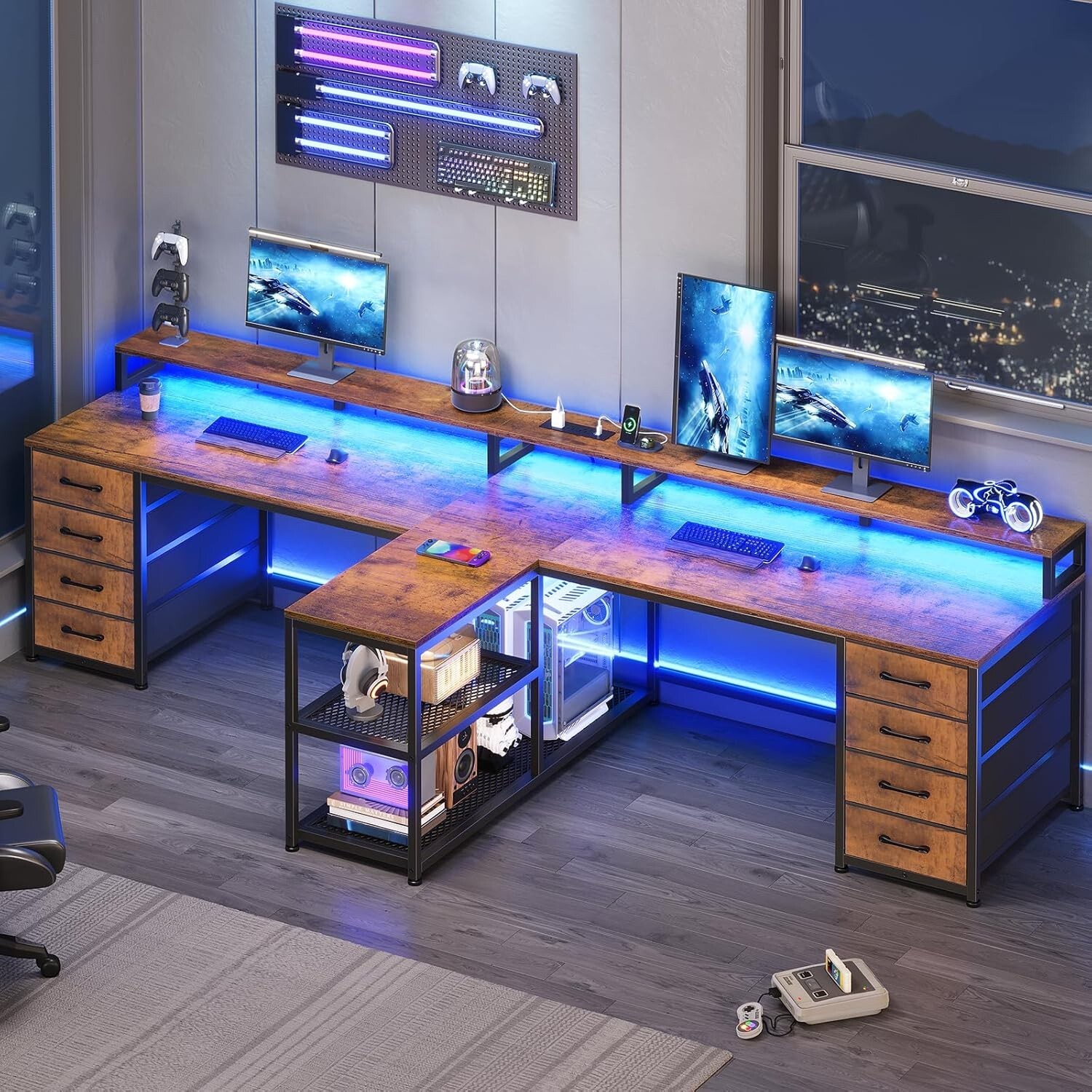 94.5" Two Person Desk, Long Office Computer Desk with 8 Drawers and LED Lights gallery