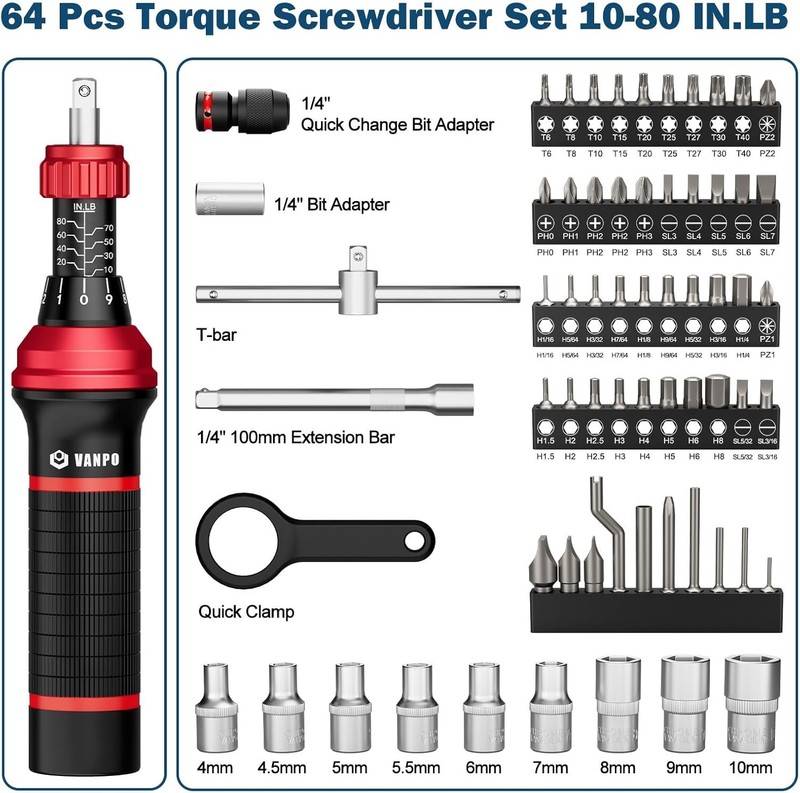 1/4 Torque Screwdriver Set 64 Pieces 10 80 In Lb Inch Pound Torque gallery