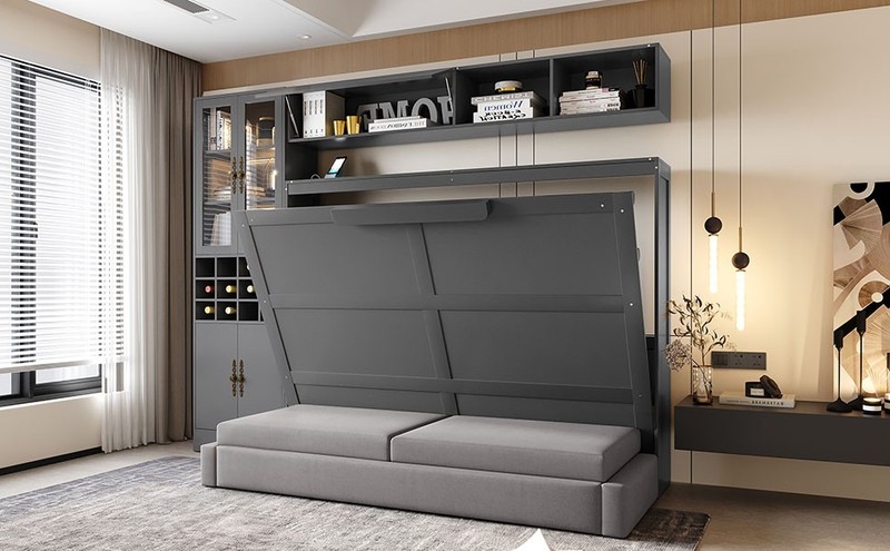 Full Size Murphy Bed with Sofa, Shelves, USB & Light, Gray gallery