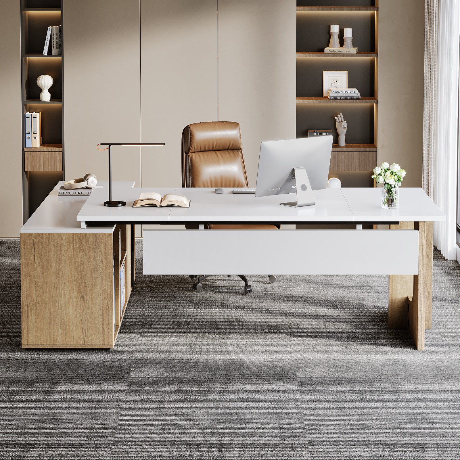 74.8 Inch L Shaped Executive Desk, Large Office Computer Desk with Cabinet gallery
