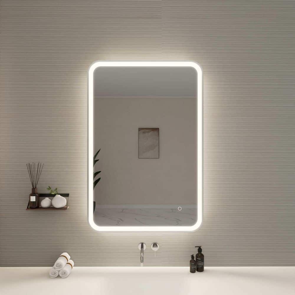 27 in. W x 40 in. H Rectangle Framed LED Wall Mirror in Silver for Bathroom gallery