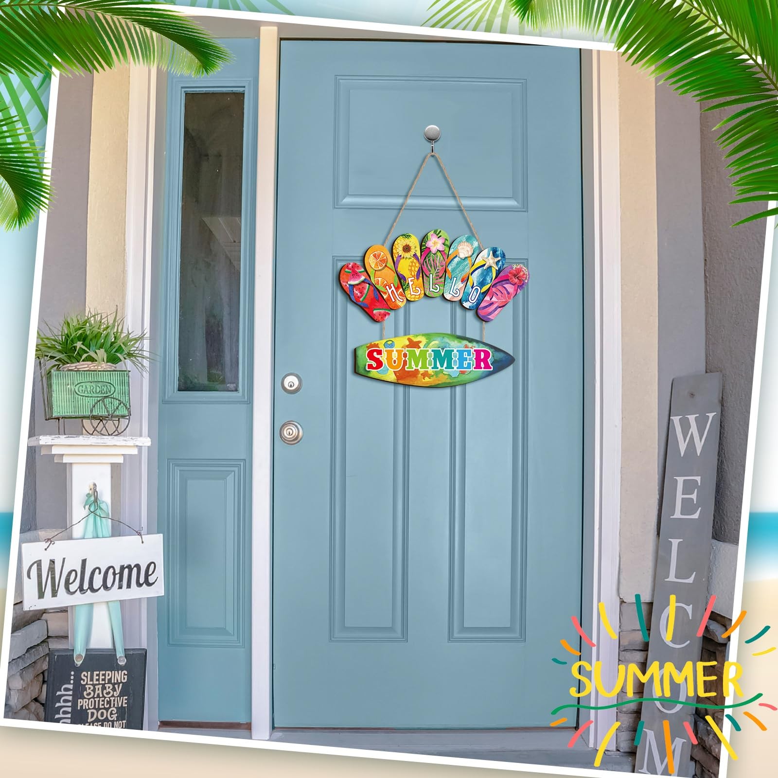 Hello Summer Door Sign Rustic Wood Summer Door Wall Decor Slippers Flower Summer gallery