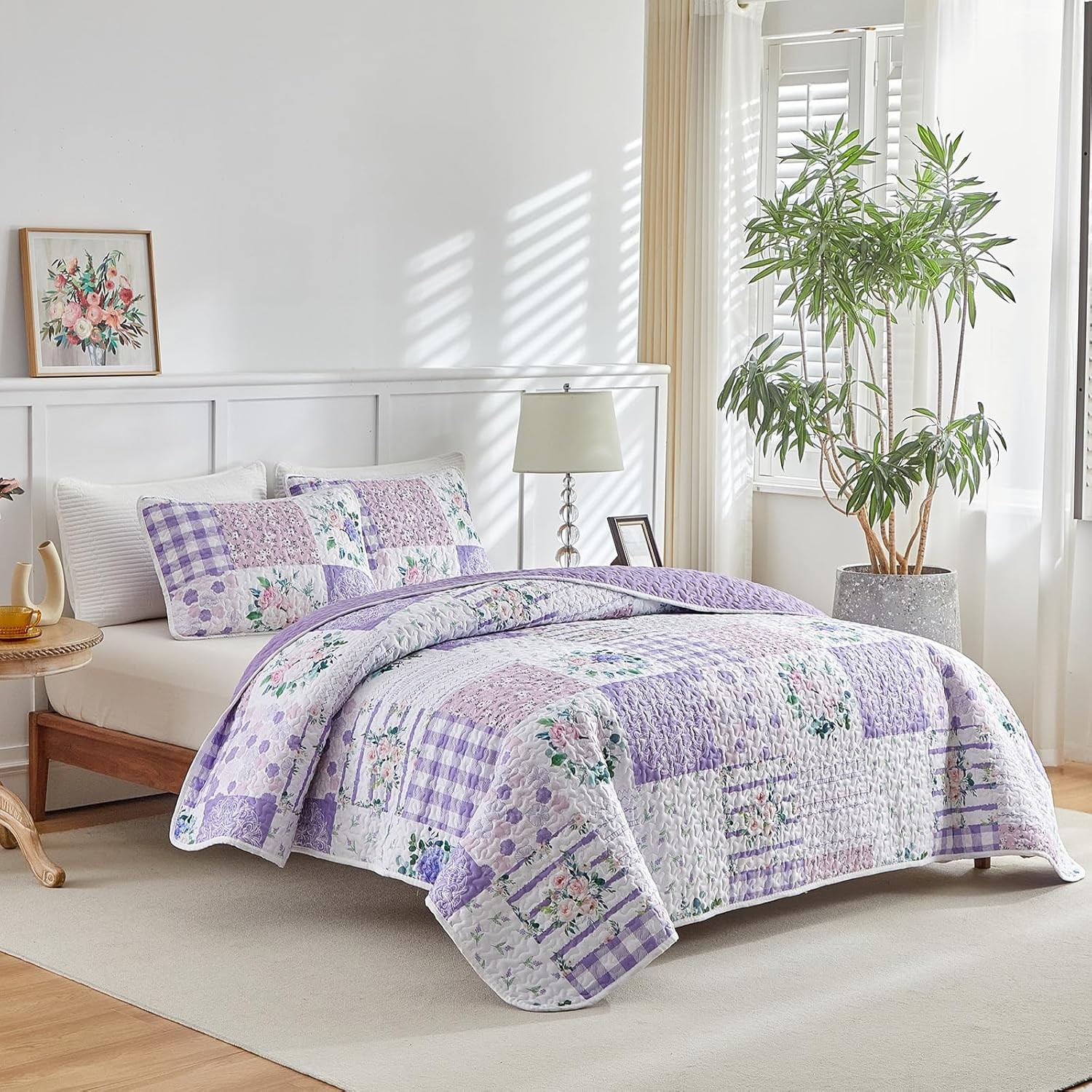 3 Pieces Floral Quilt Set Queen, Patchwork Purple n Pink Flowers Design gallery