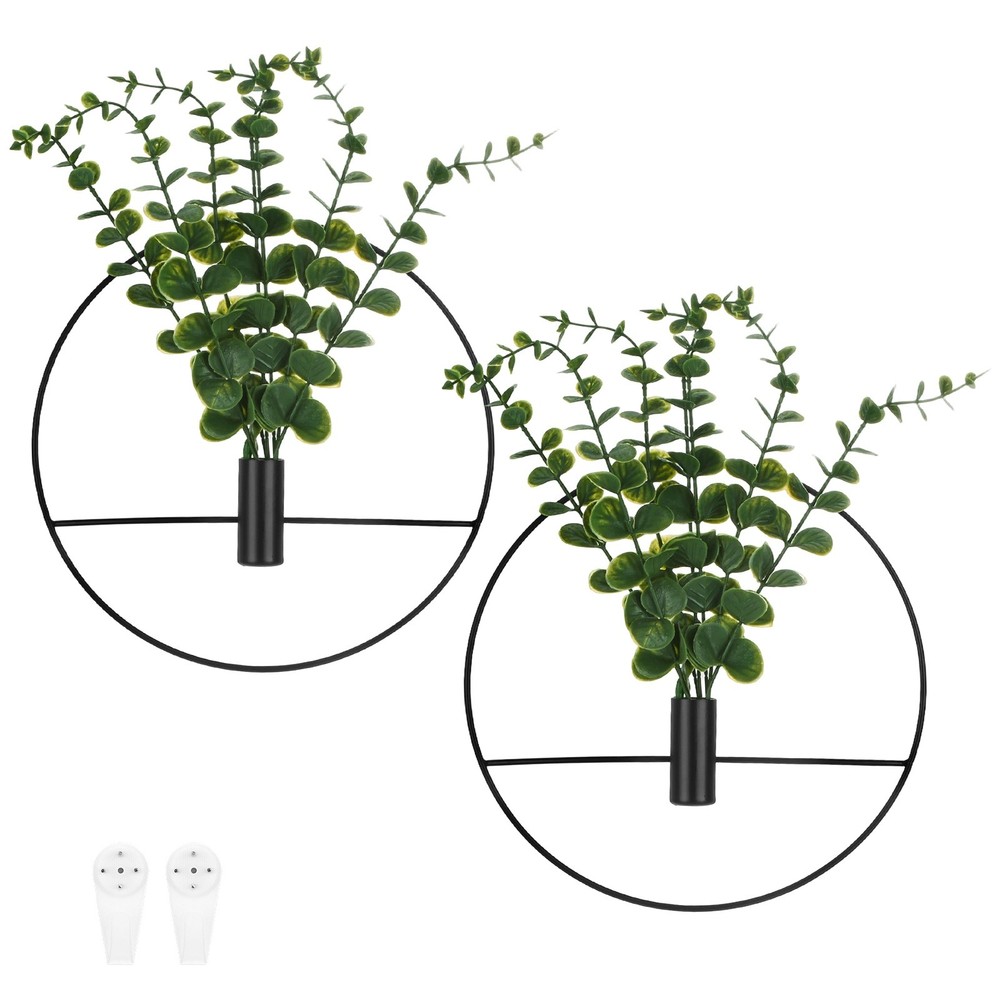 2 Set Hanging Planters with Artificial Eucalyptus Round Shape [Black]