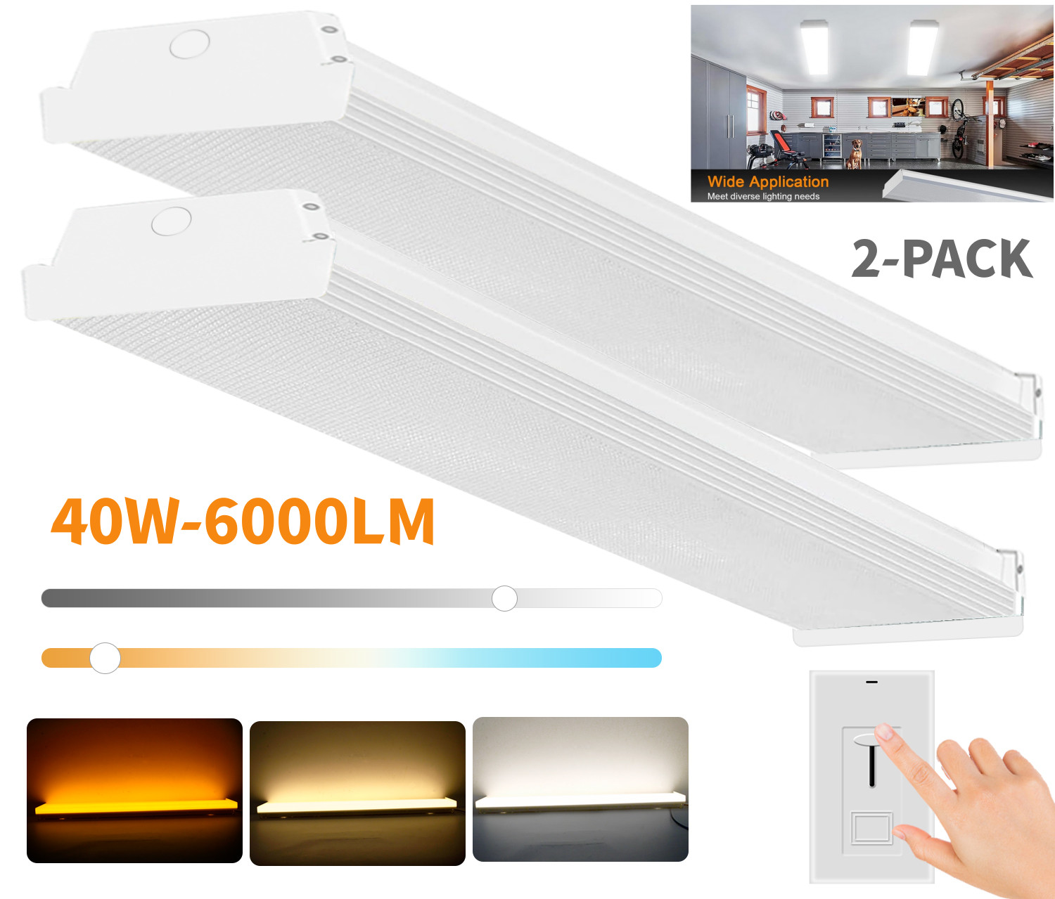 4FT LED Wraparound Light 40W 6000LM Flush Mount 3500k-5000K Shop Lights (2-Pack) gallery
